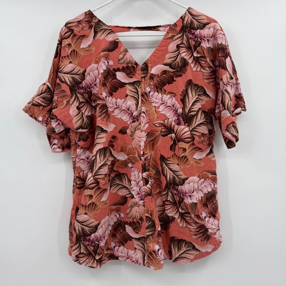 Rockmans Top Women 16 Pink Hawaiian Tropical Linen Blend V Neck Bell Sleeves - Picture 5 of 12